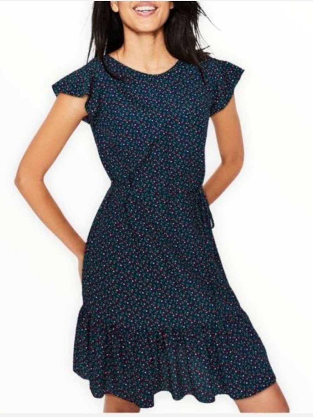 Boden Cynthia Cherry Print Dress Size 8R Navy Blue Red Ruffle Fit Flare Pockets